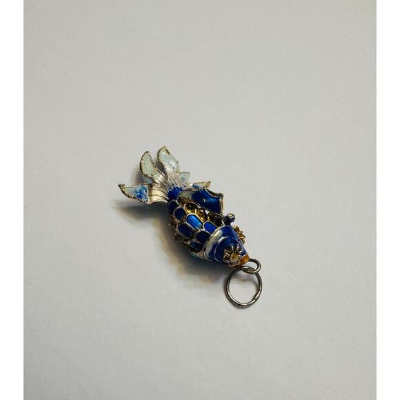Vintage Blue Enamel Koi Fish Pendant Articulated Gilded - Picture 9 of 12